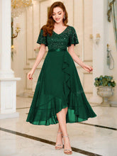 MIUSOL V Neck Floral Lace Sequin Insert Ruffle Hem Evening Party Long Dress